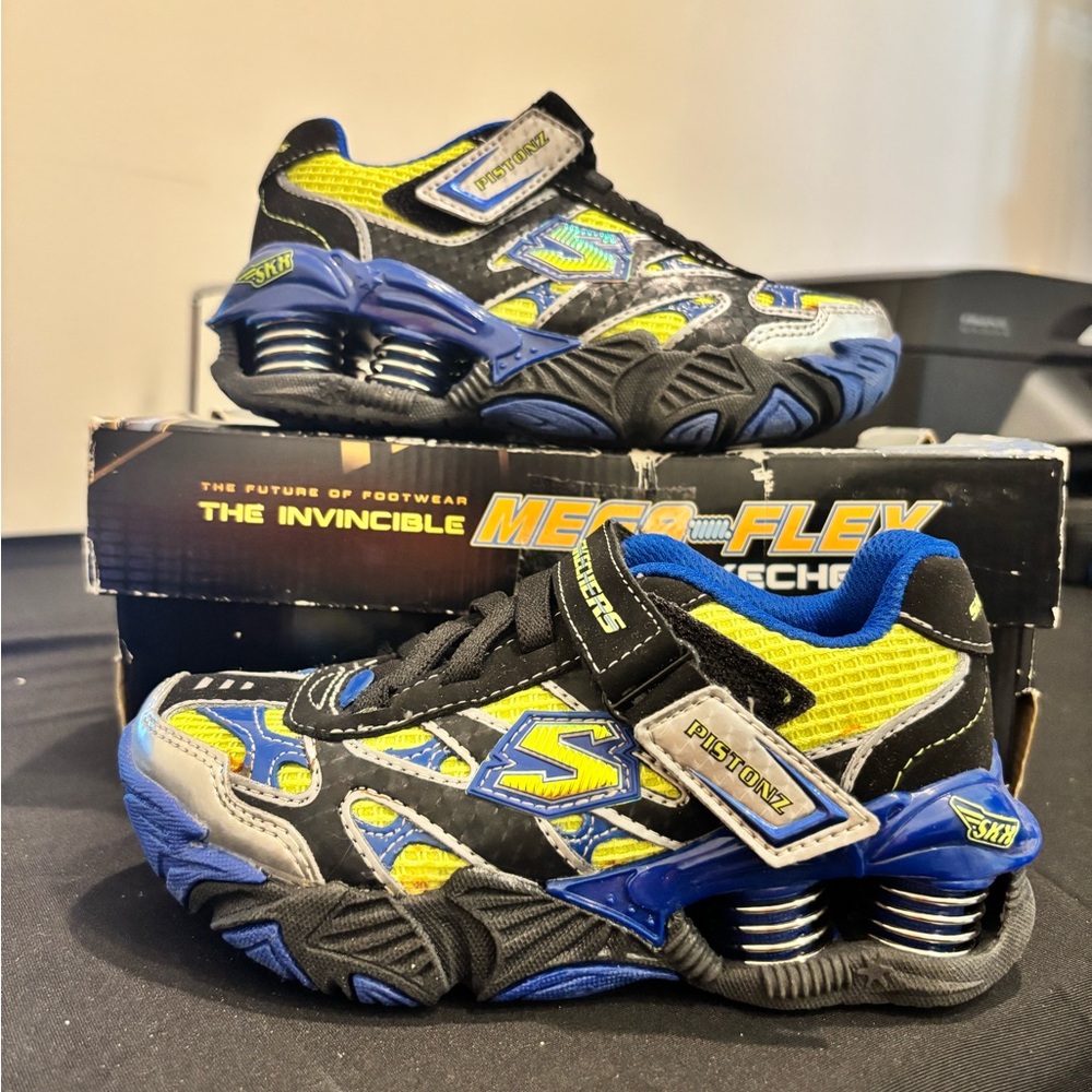 Skechers Mega Flex Black/Blue/Lime Pistonz boys sneakers (discolored glue marks)